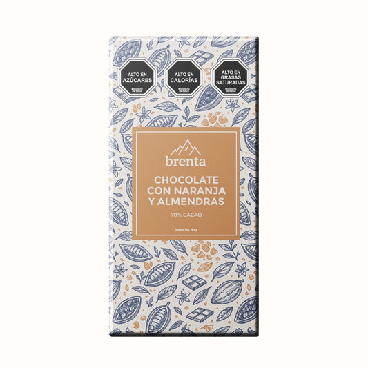 Barras de chocolate - BRENTA Chocolate con Naranja y Almendras 70% Cacao 95grs