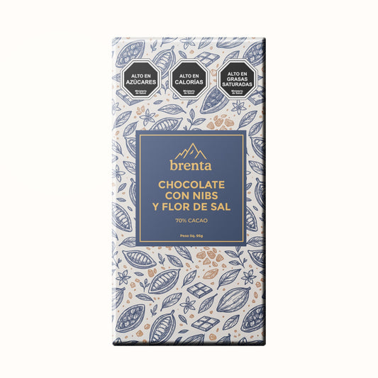 Barras de chocolate - BRENTA Chocolate con Nibs y Flor de Sal 70% Cacao 95grs